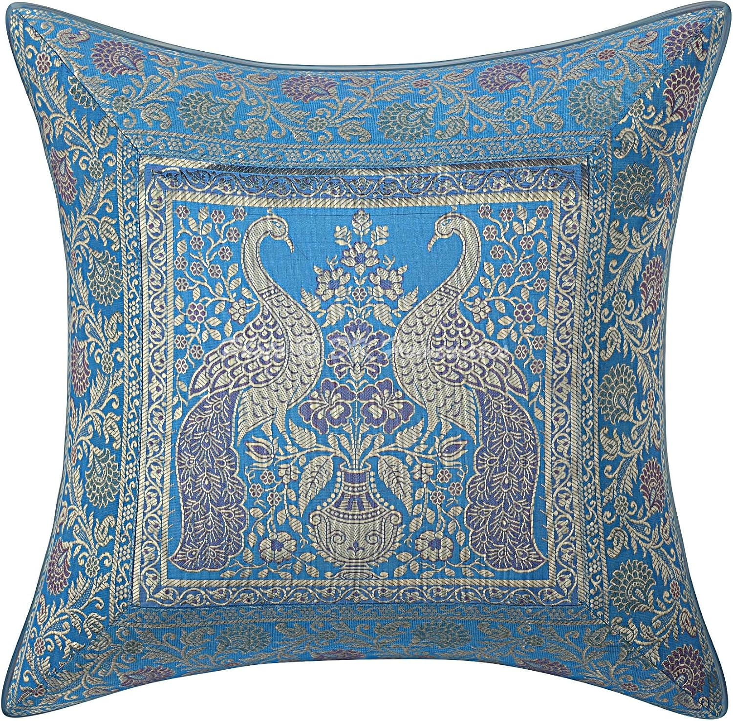 Decorative Throw Cushion Covers 16 x 16 Inch Brocade Jacquard Weave Indian Square Peacock Cushion Covers (Size - 40x40 cm ; Color: Turquoise & Gold) - Set of 5 Pcs (Cover Only)