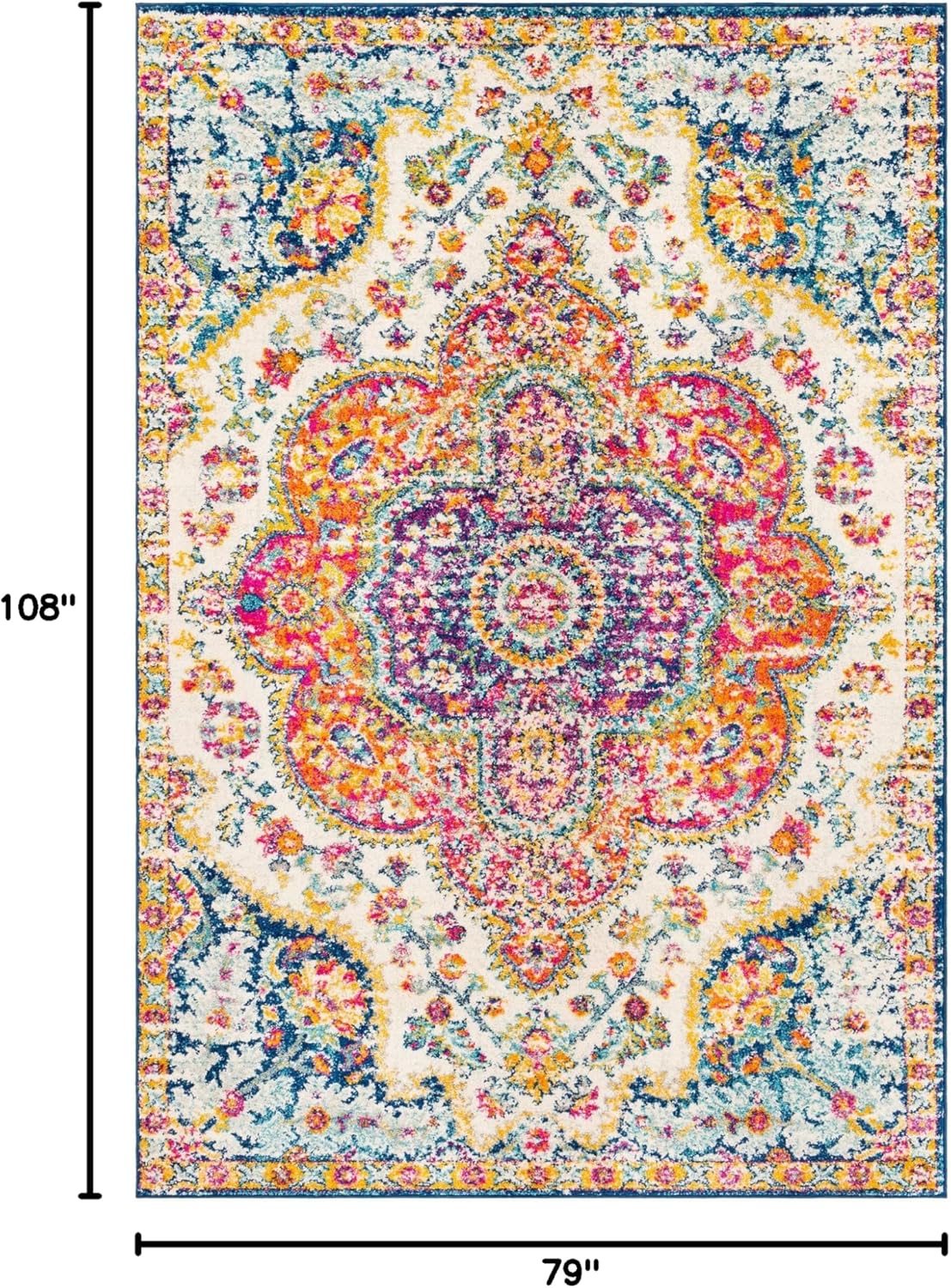 Livabliss Area Rugs - 7x9 Romaine Vintage Boho Fuchsia Mustard Blue Area Rug for Living Room Bedroom - Floral Medallion Stain Resistant Carpet for Kitchen, Nursery, Office (6'7" x 9')