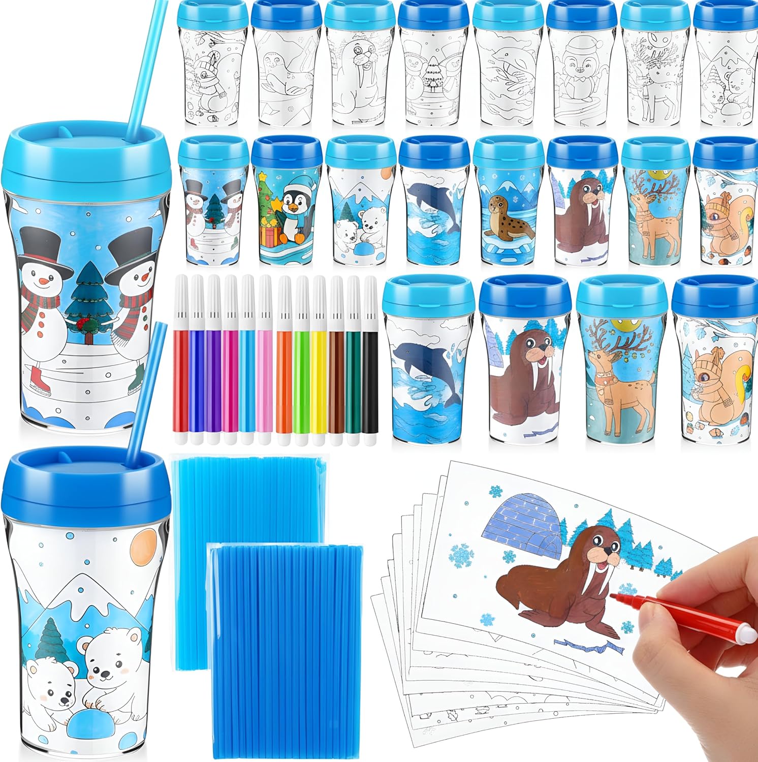 16 Pack Winter Color Your Own Cups 8 oz Winter Christmas Coloring Cup with Lid and Straw Mug Kit Paintable Tumblers with 12 Colorful Pens 16 Detachable Paper Inserts for Xmas Party Supplies