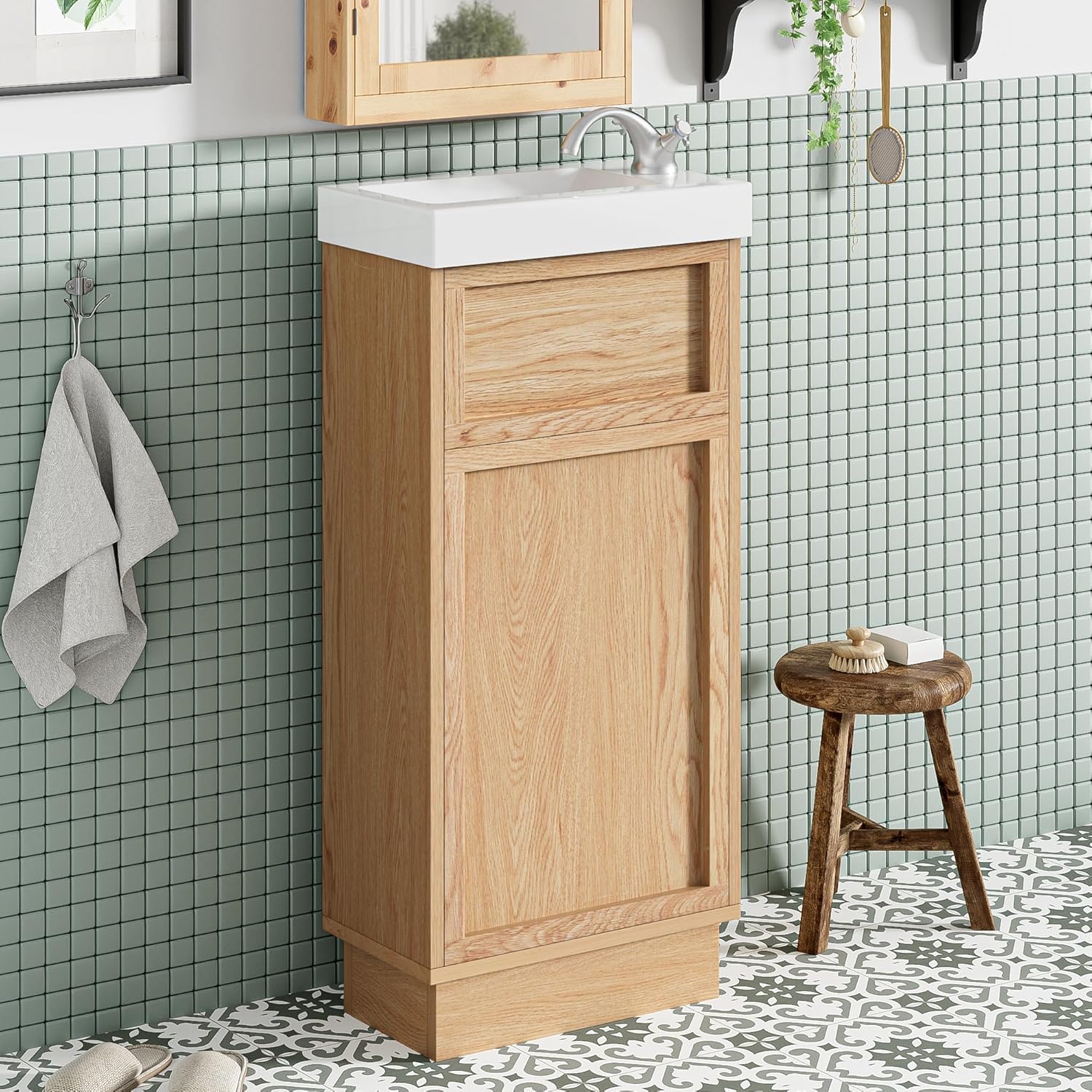 16 Inch Bathroom Vanity with Sink, Small Freestanding Bathroom Vanity with Soft Close Door, Reversible Resin Sink, Rustic Single Sink Vanity Combo for Small Bathroom