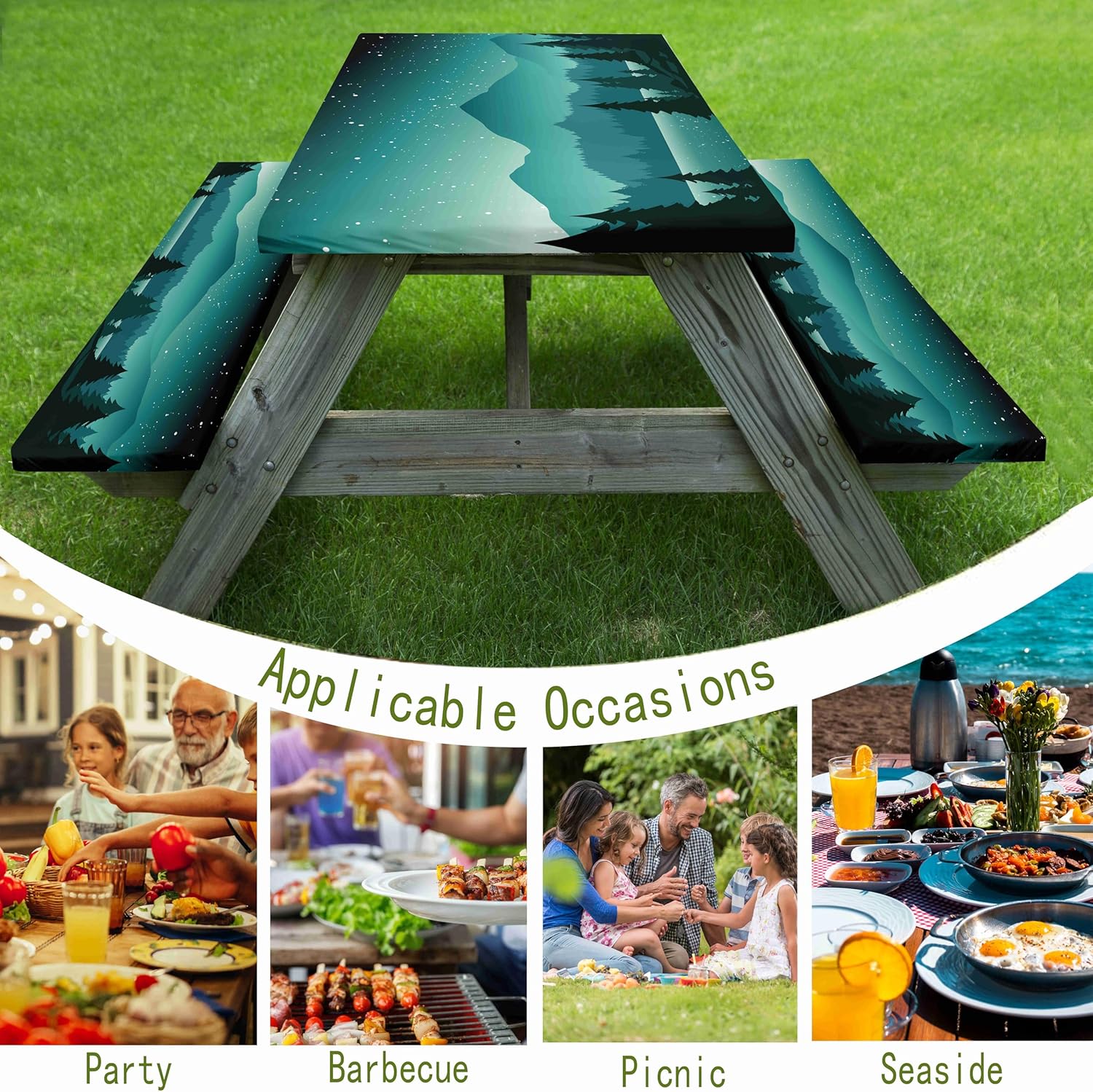 Green Forest Landscape Picnic Table Cover with Bench Covers Night Sky Rectangle Table Cover Outdoor Patio Camping Essentials 96 inch 3PCS Camping Fitted Tablecloth with Drawstring Bag