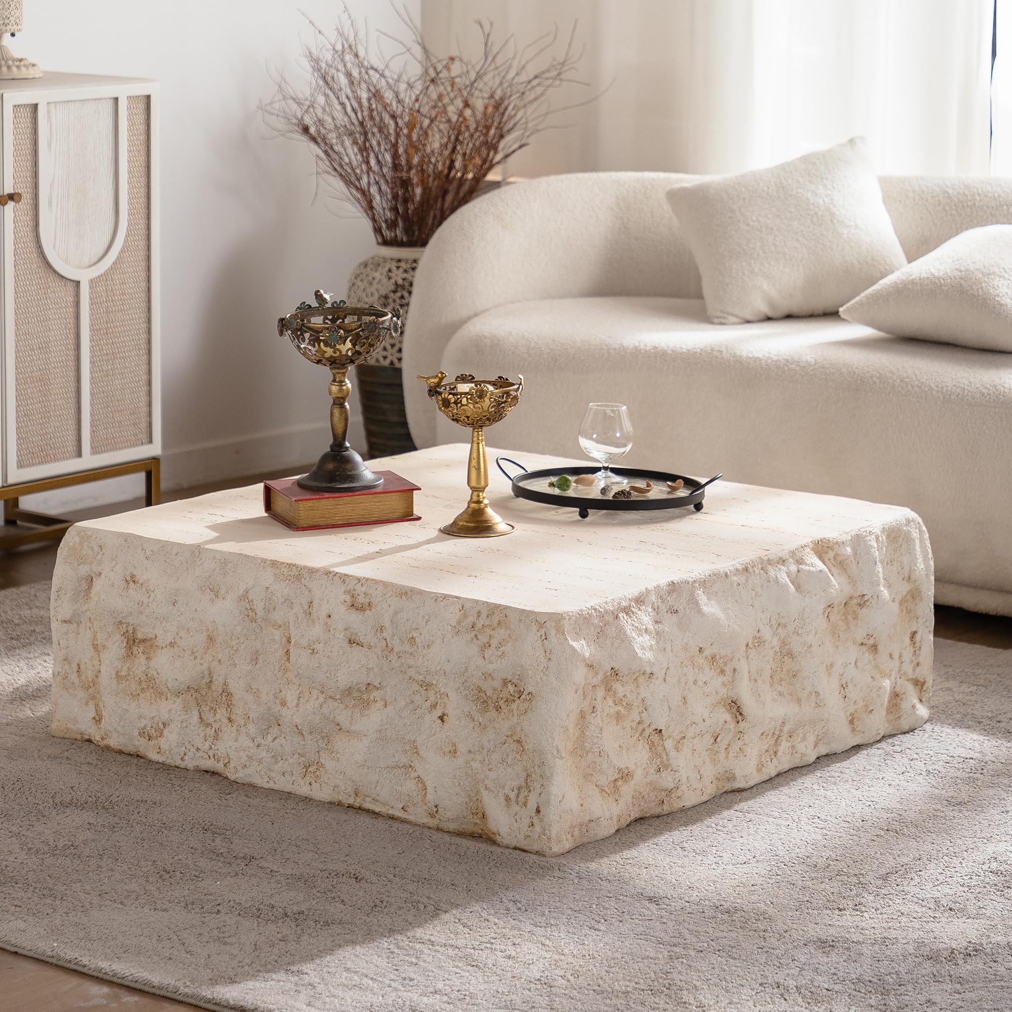 GDFStudio Modern Lightweight Concrete Coffee Table, Indoor Outdoor Square Accent Table, Mid Century MGO Side Tables, Faux Stone Sofa Tables for Living