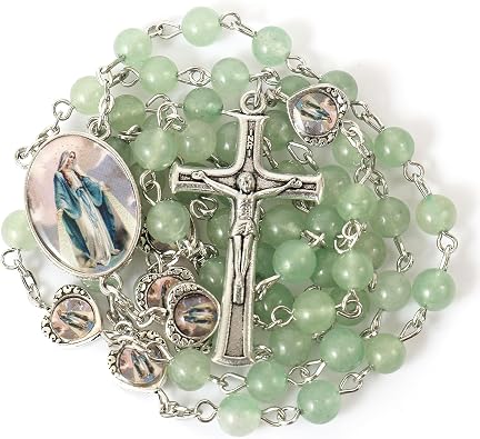 Nazareth Store Natural Stone Beads with Miraculous Epoxy Heart Metal Beads Rosary Necklace Gemstone Christian Gifts
