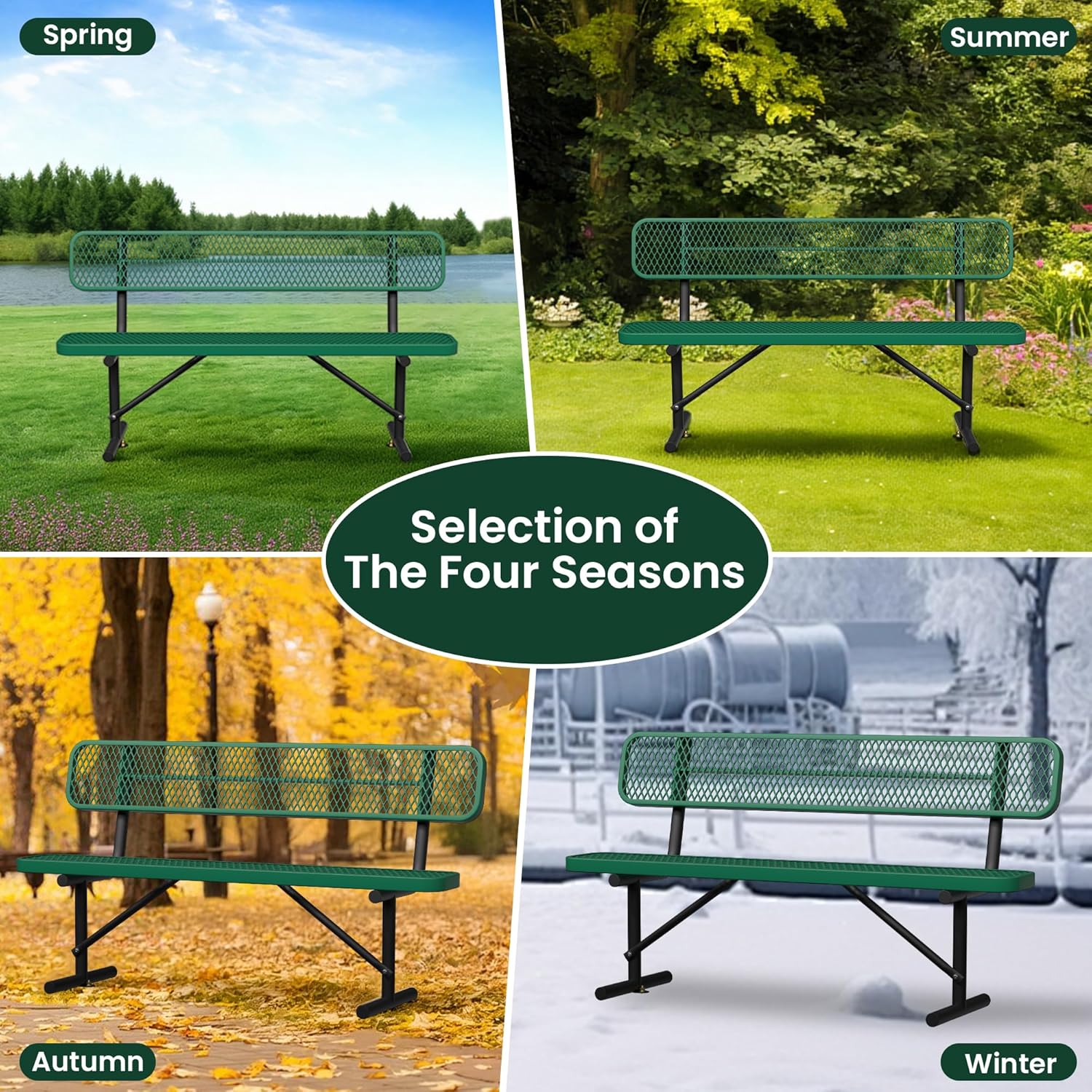 Heavy Duty Park Bench with Back Portable Frame, Outdoor Steel Bench with Backrest, Outdoor Park Bench Expanded Metal Mesh Bench for Lawn, Park, Deck, Garden, Patio, Porch, Black (Green, 6FT)