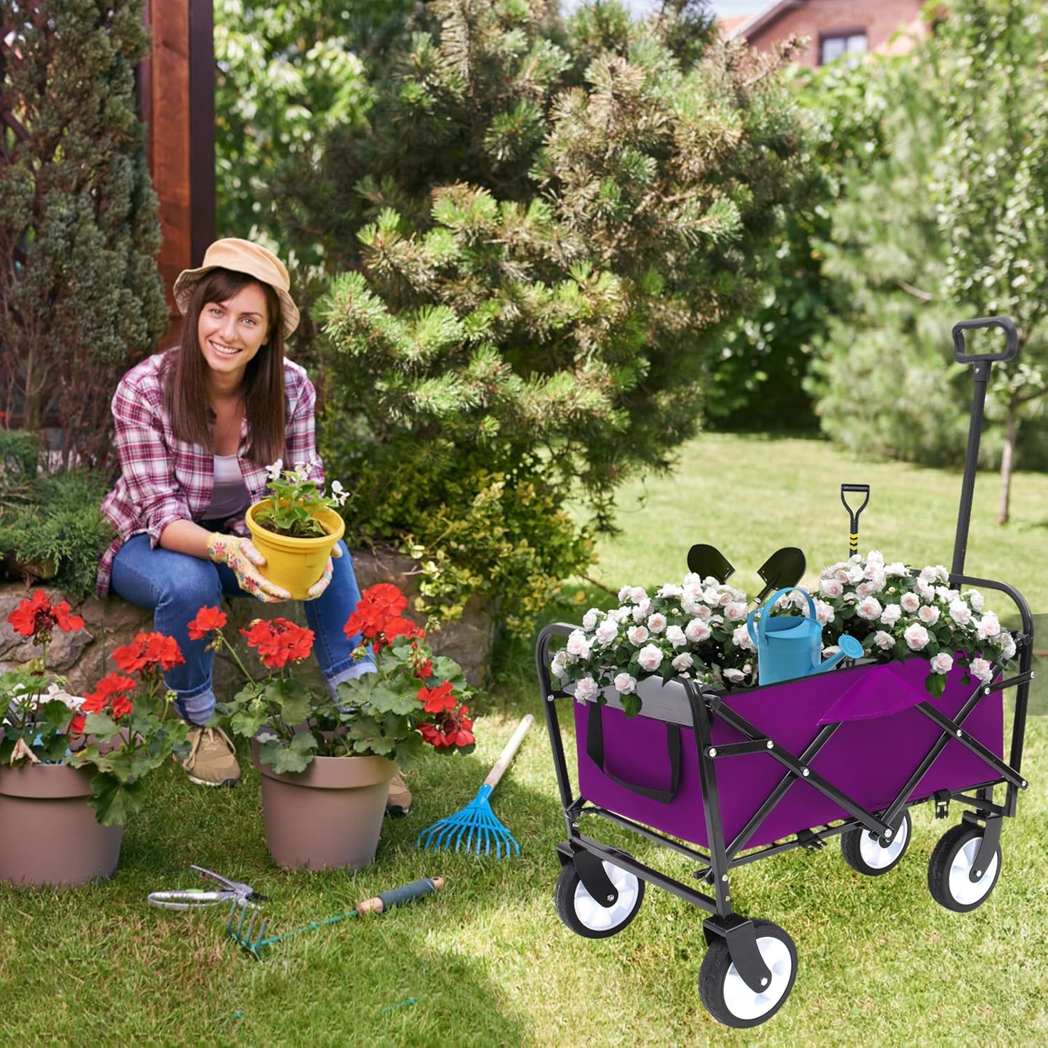 Purple Wagons Carts Foldable with Wheels - Collapsible Beach Wagon Cart Folding Utility Grocery Garden Cart 220 lbs Capacity with Big Wheels for Sand,Beach,Garden,Shopping Sport Outdoor Camping
