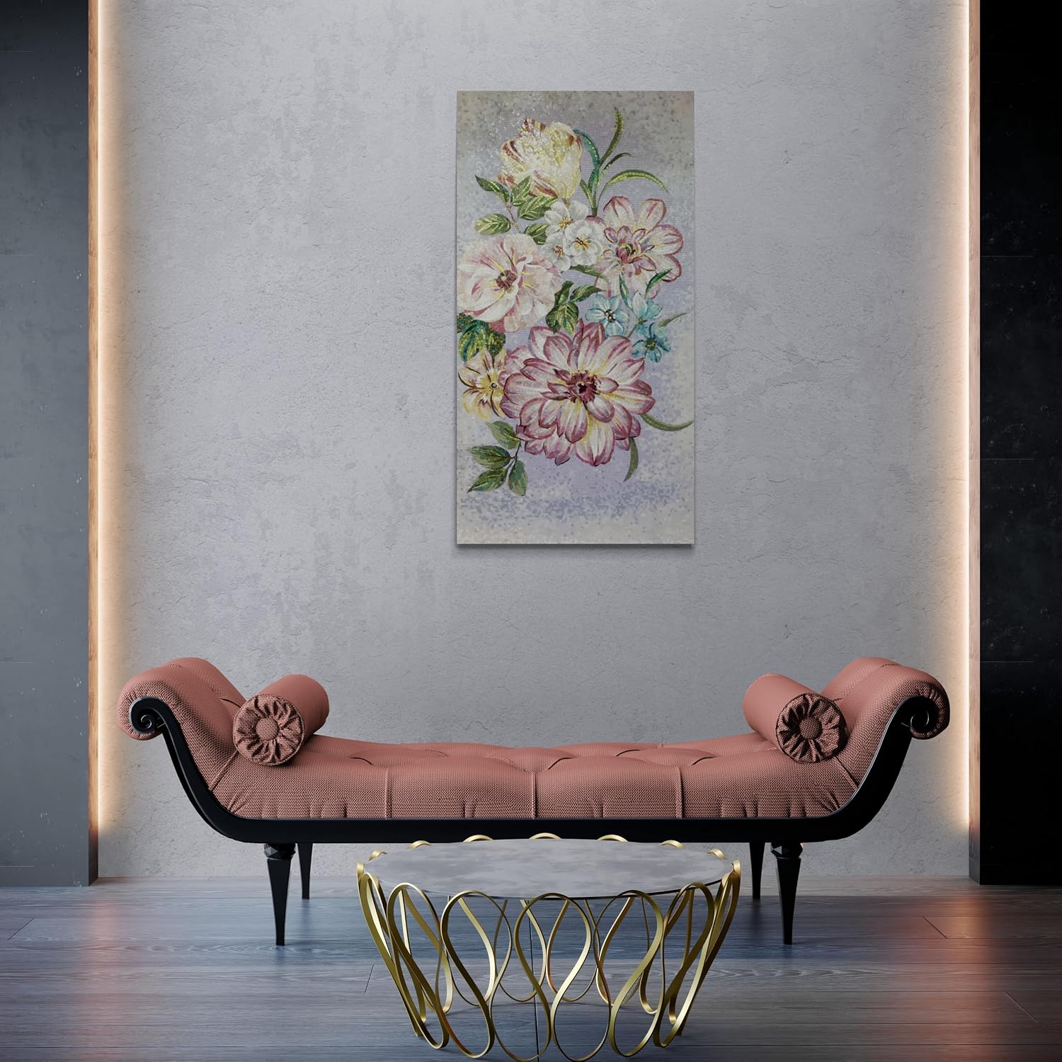 Floral Marble Mosaic Wall Art, Handmade Portrait Stone Mosaic Artwork, Hand-Cut Decorative Stone Mural for Interior Wall Décor