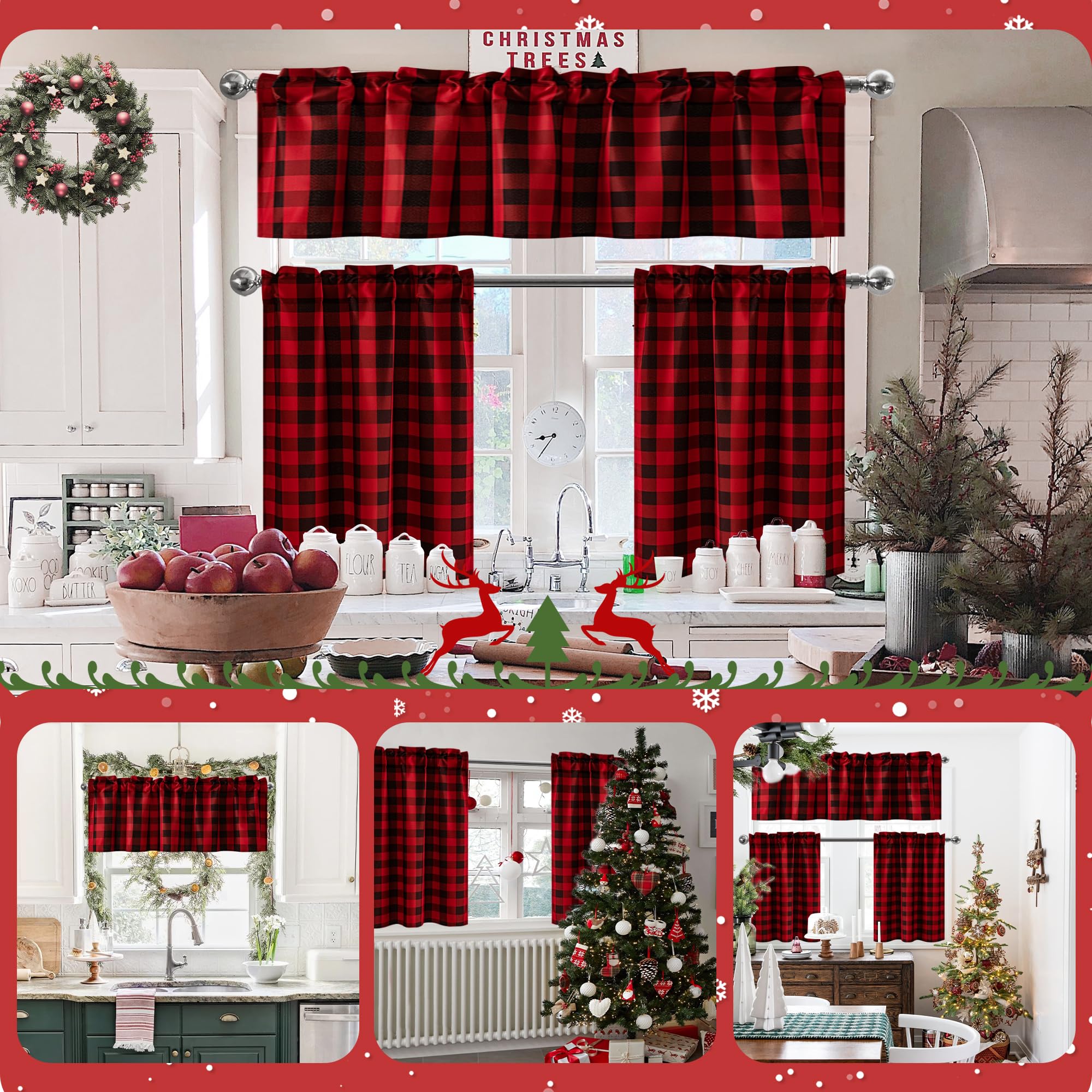 Hiasan Rideaux de Cuisine avec cantonnière 60"x18" 1P|29"x36" 2P Rouge/Noir