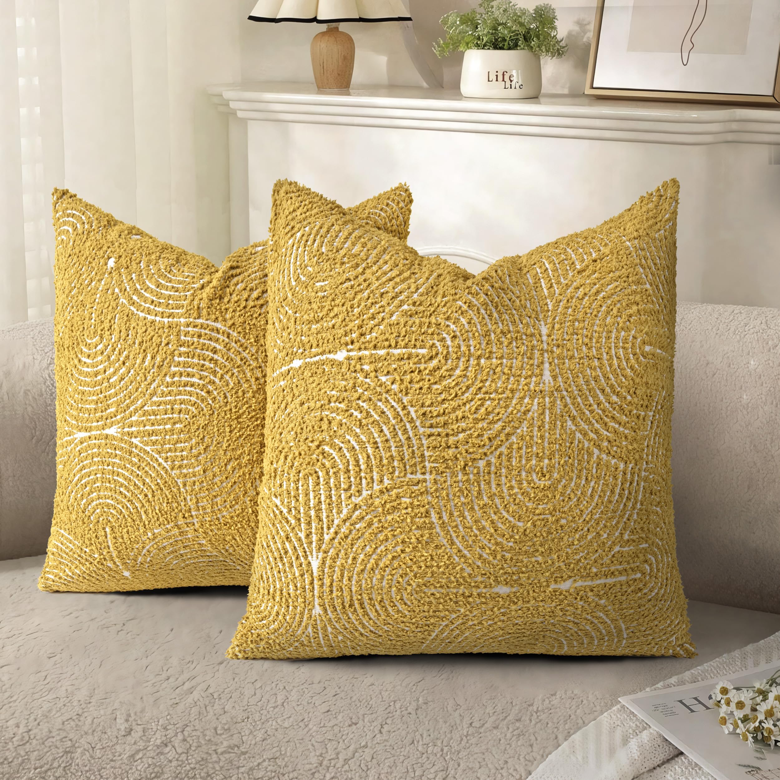Housses de coussin déco bohème moderne motif géométrique rustique jaune 45x45cm