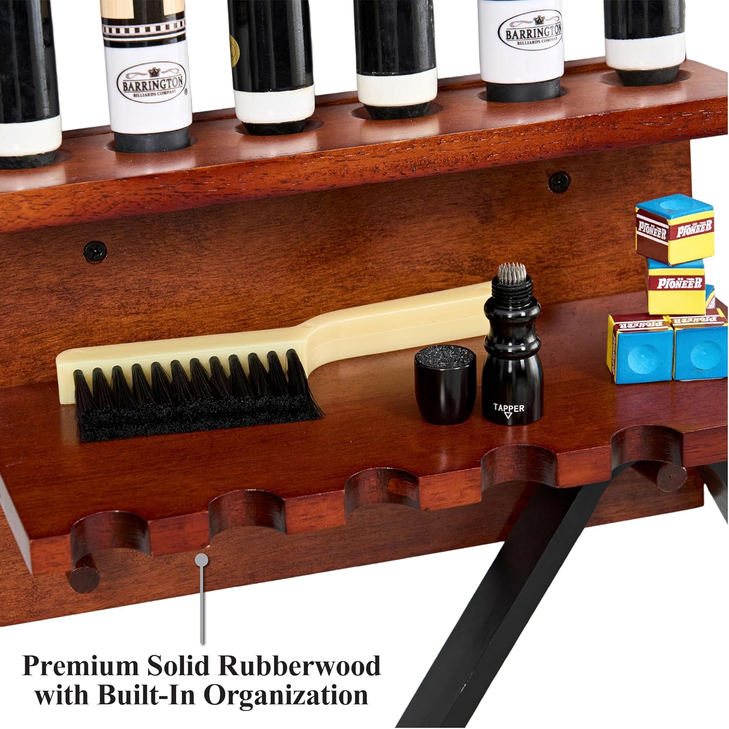 Barrington Billiards Wall Mount Pool Cue Rack, Solid Rubberwood, 6 Cue Slots, Accessory Storage, Easy Installation Hardware
