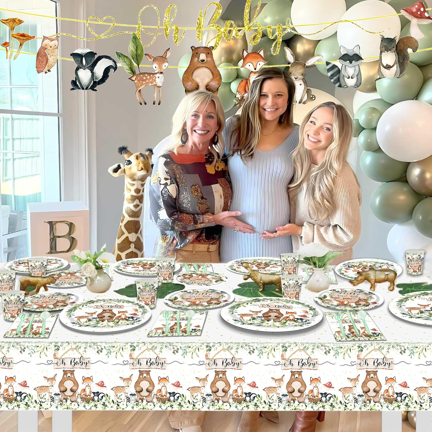 142pcs Woodland Baby Shower Tableware Set Serves 20, Sage Green Party Supplies with Plates Napkins Cups Cutlery, Wild Animal Theme Decor for Toddler Birthday, Gender Reveal & School Carnival