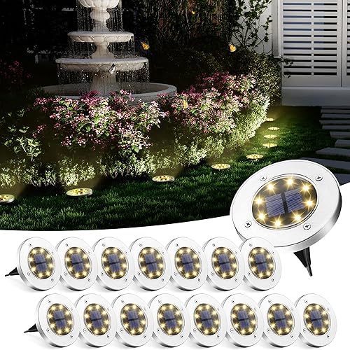 Miniatura 7 de SOLPEX Paquete de 12 luces solares de tierra, 8 luces LED de disco alimentadas por energía solar, iluminación de paisaje de jardín impermeable