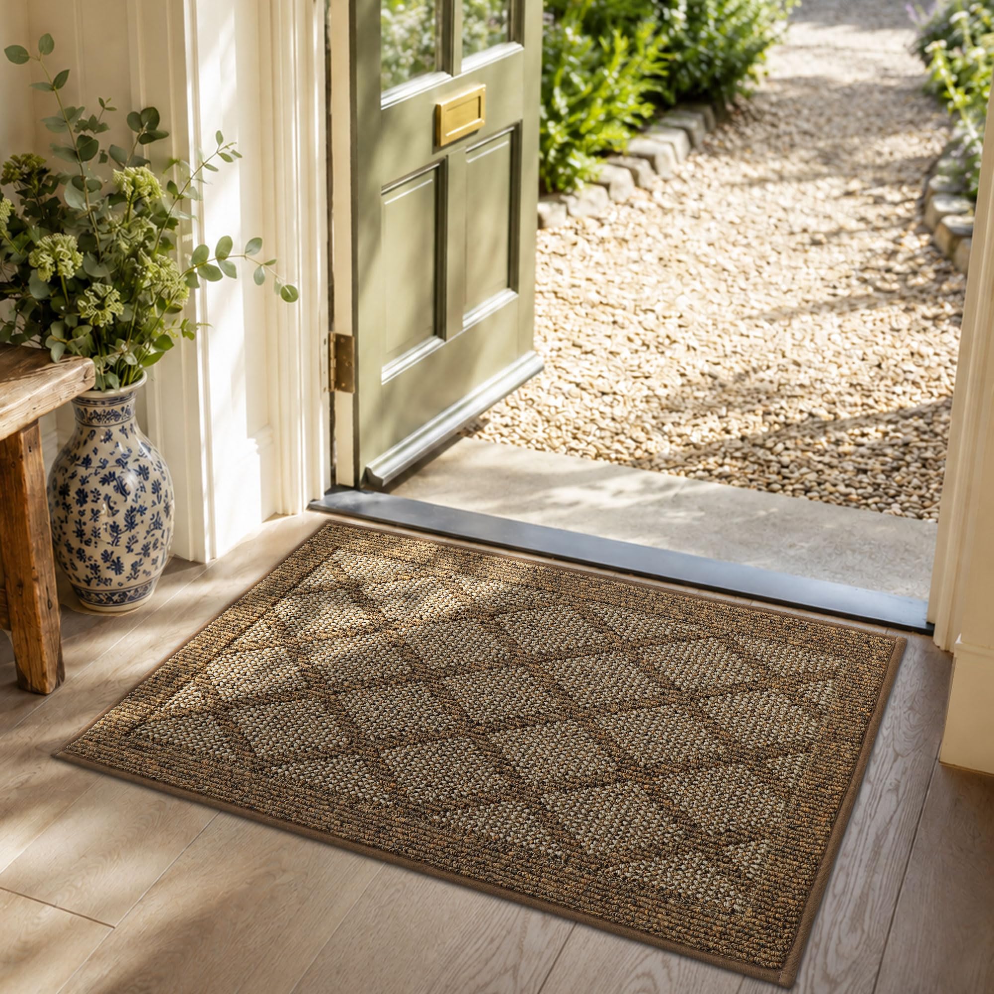 COSY HOMEER Indoor Door Mat Non Slip Floor Rug, Absorbent Dirt Trapper Door Matts, Machine Washable Floor Mat for Inside Hallway Kitchen Entrance,1cm Low Profile, Crease-Free Rolled, 50x80 cm, Khaki