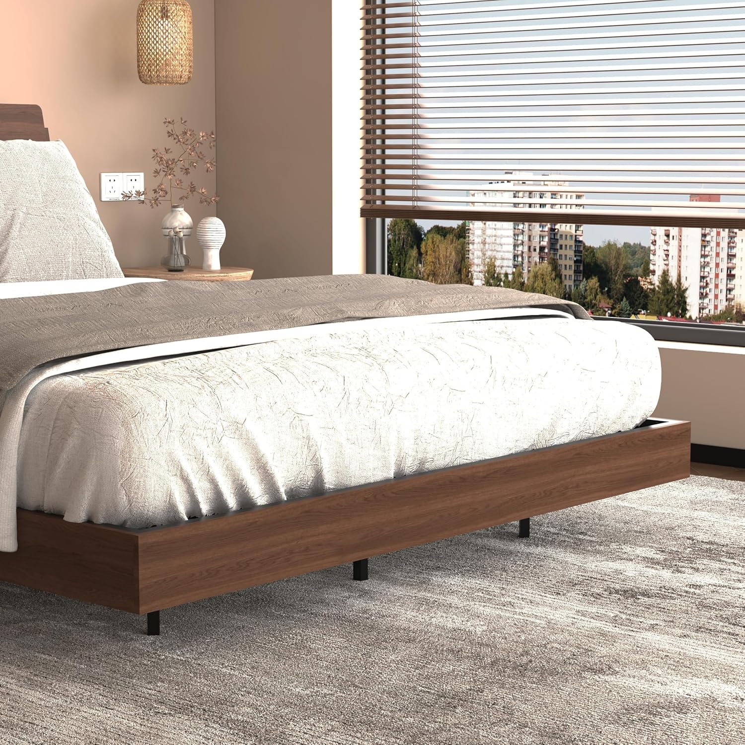 Floating Bed Frame Queen with Storage Headboard, Low Profile Japanese Platform Bed with LED Lights and Charging Station, Bedframe with Foldable Tabletop, No Box Spring Needed (Walnut, Queen)