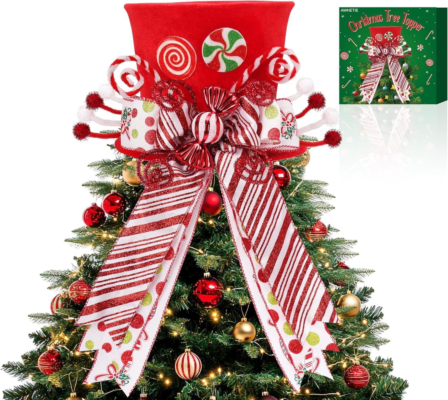 Candy Cane Christmas Tree Topper,Candy Cane Christmas Decorations,Velvet Pink Hat with Peppermint Bows Ribbon Ornaments,Top Hat Christmas Tree Topper for Holiday Xmas Decorations (Pink)