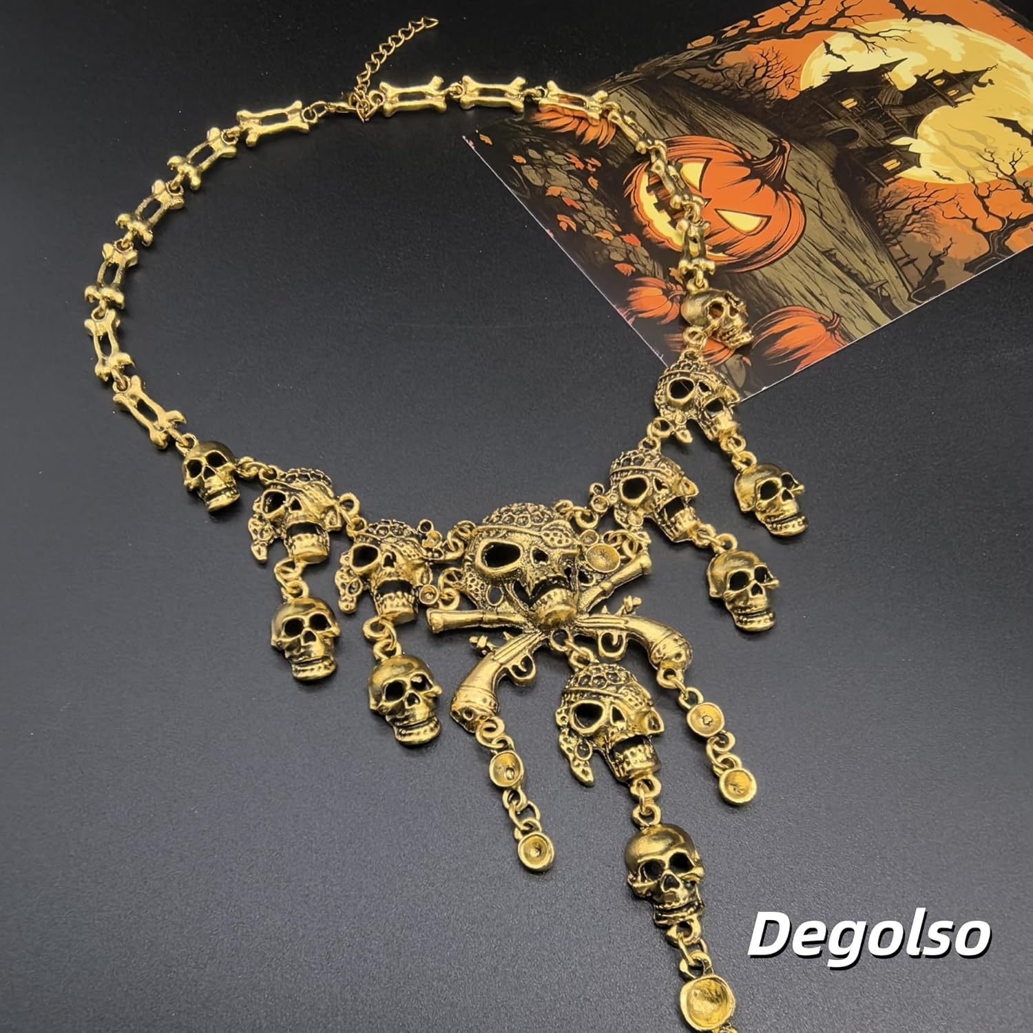 Pirate Jewelry for Women Gold Skull Skeleton Crossbones Pirate Necklace Earrings Bracelet Set Halloween Women's Gothic Pirate Costume Accessories image 4