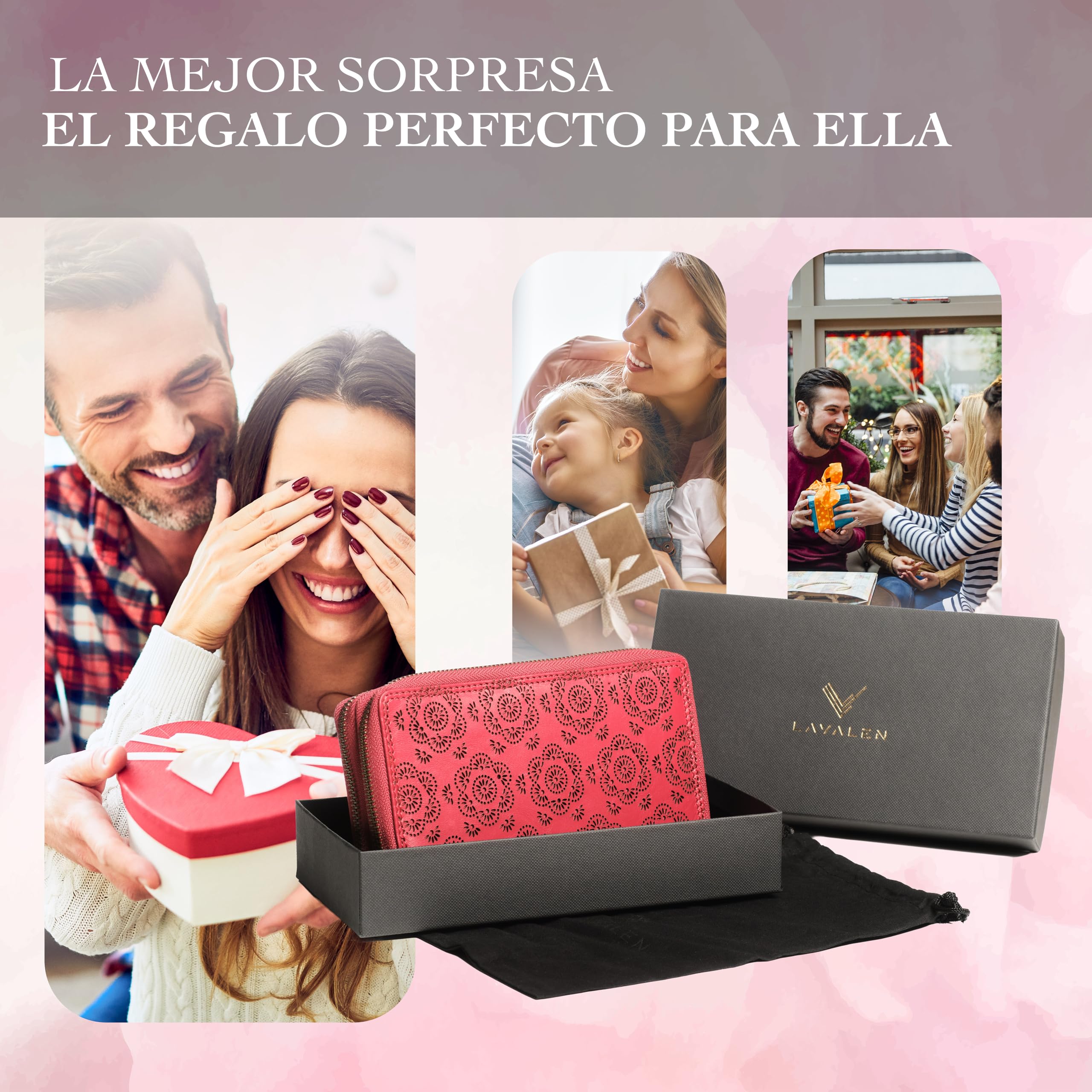 Carteras de piel de para mujer, gran espacio, cartera grande de piel con protección RFID, elegante billetera para mujer, regalo de flor roja