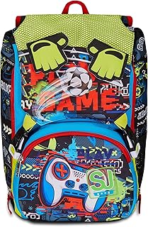 SJ Gang Style Jam Gang - Mochila Escolar Extensible, Color Negro y Rojo, FunnyGoal, Mochila con Doble Compartimento Extensible Mediante Cremallera Lateral, Bolsillo para Botella, Escuela Primaria y
