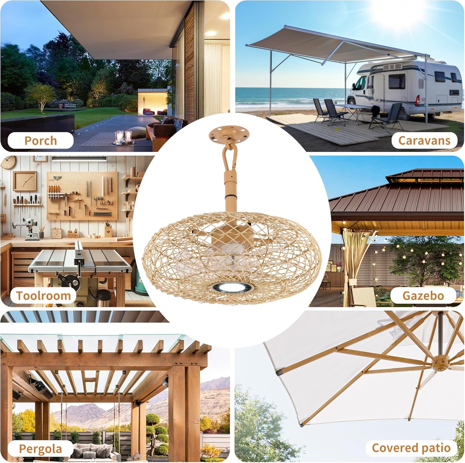 PAZALA 20" Outdoor Gazebo Fan with Light, Plug in Hanging Ceiling Fan for Covered Patio Pergola Porch, Remote & APP Control, 3CCT Dimmable LED, 6-Speed Reversible DC Motor,Beige Woven Caged Boho Fan