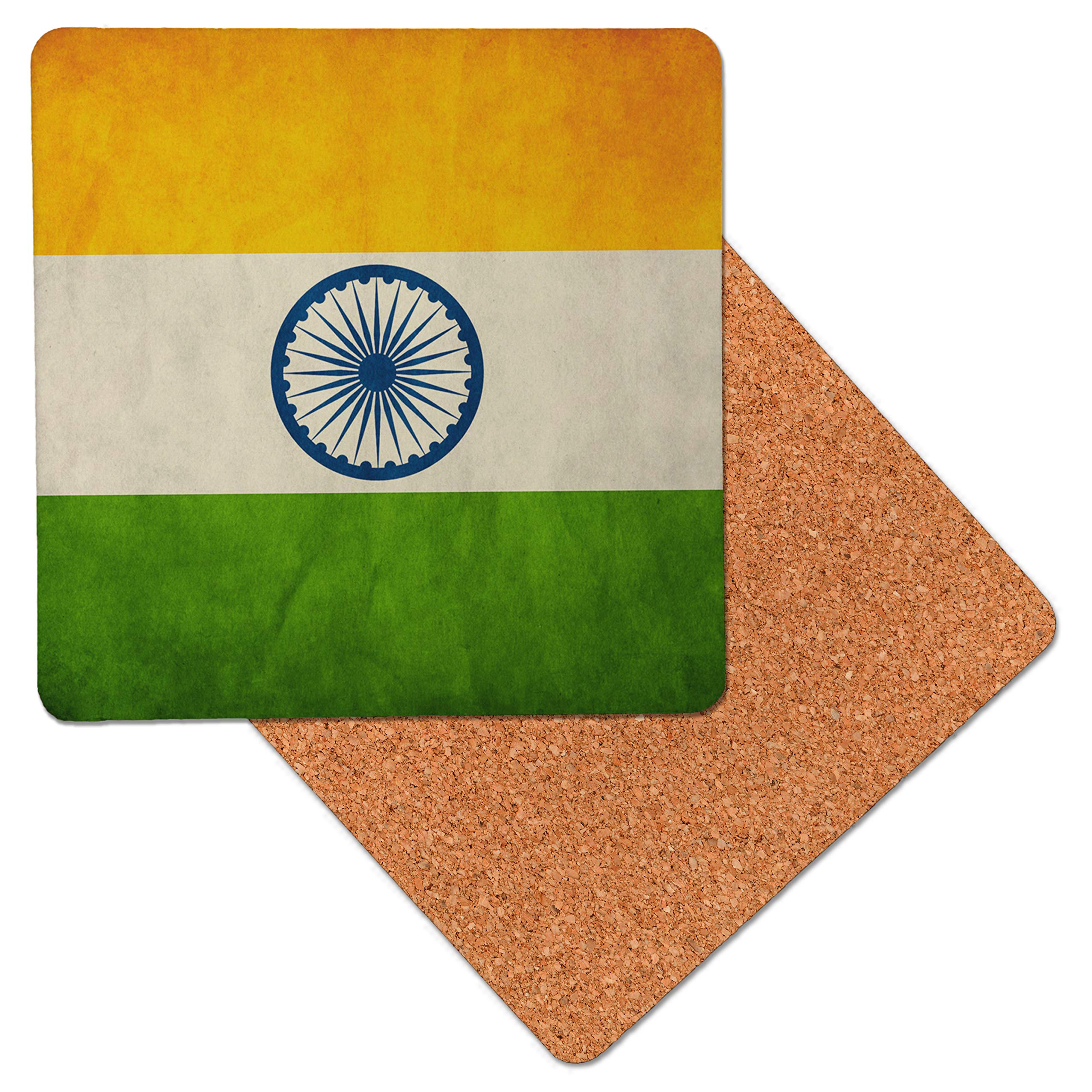 India Indian Grunge Flag Premium Wooden Table Drink Coaster with Cork Backing - Drinks Coasters (Pack of 2)
