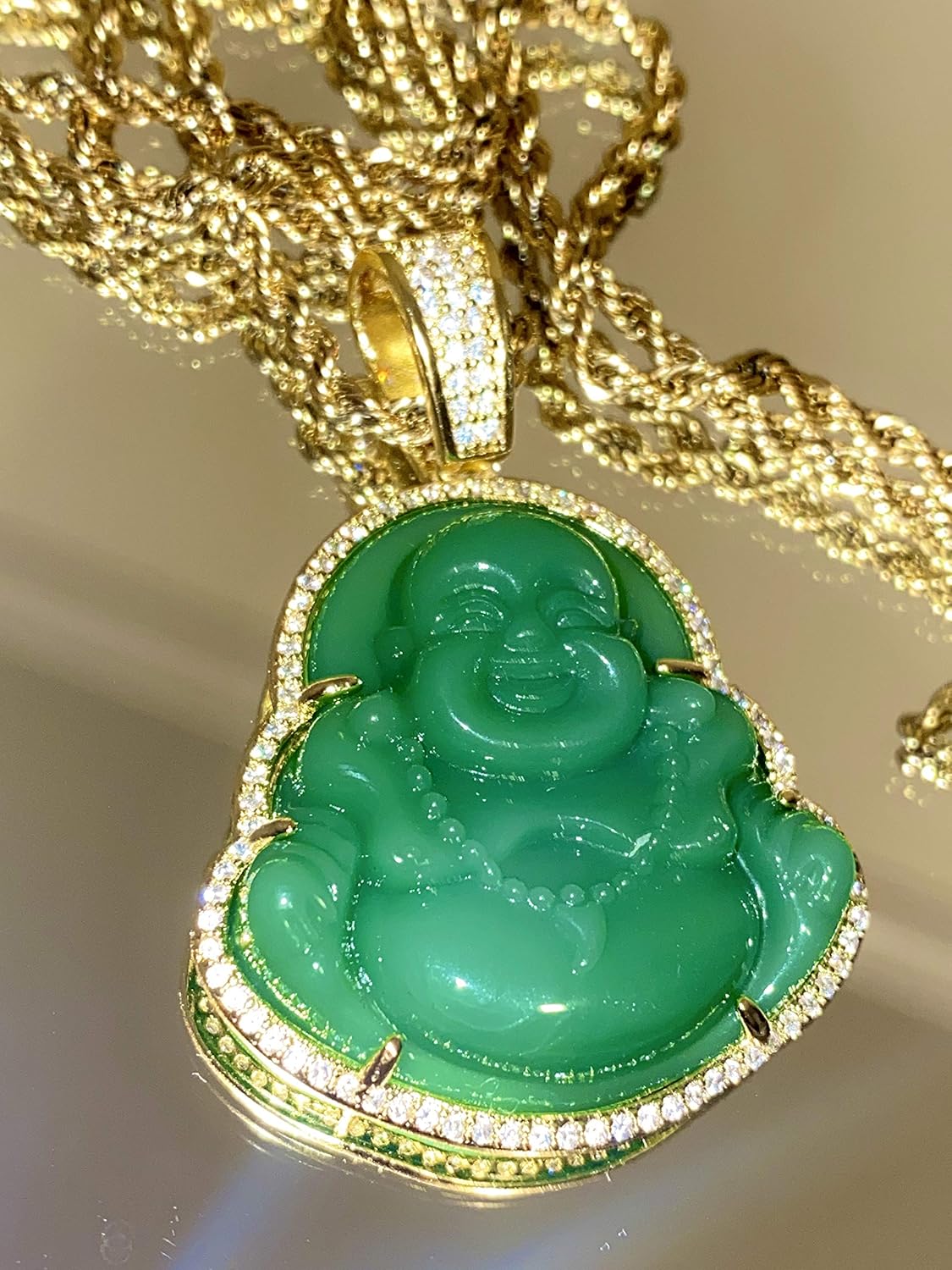 Iced Laughing Buddha Green Jade Pendant Necklace Rope Chain Genuine Certified Grade A Jadeite Jade Hand Crafted, Jade Necklace, 14k Gold Filled Laughing Jade Buddha Necklace, Jade Medallion, Fast Prime Shipping