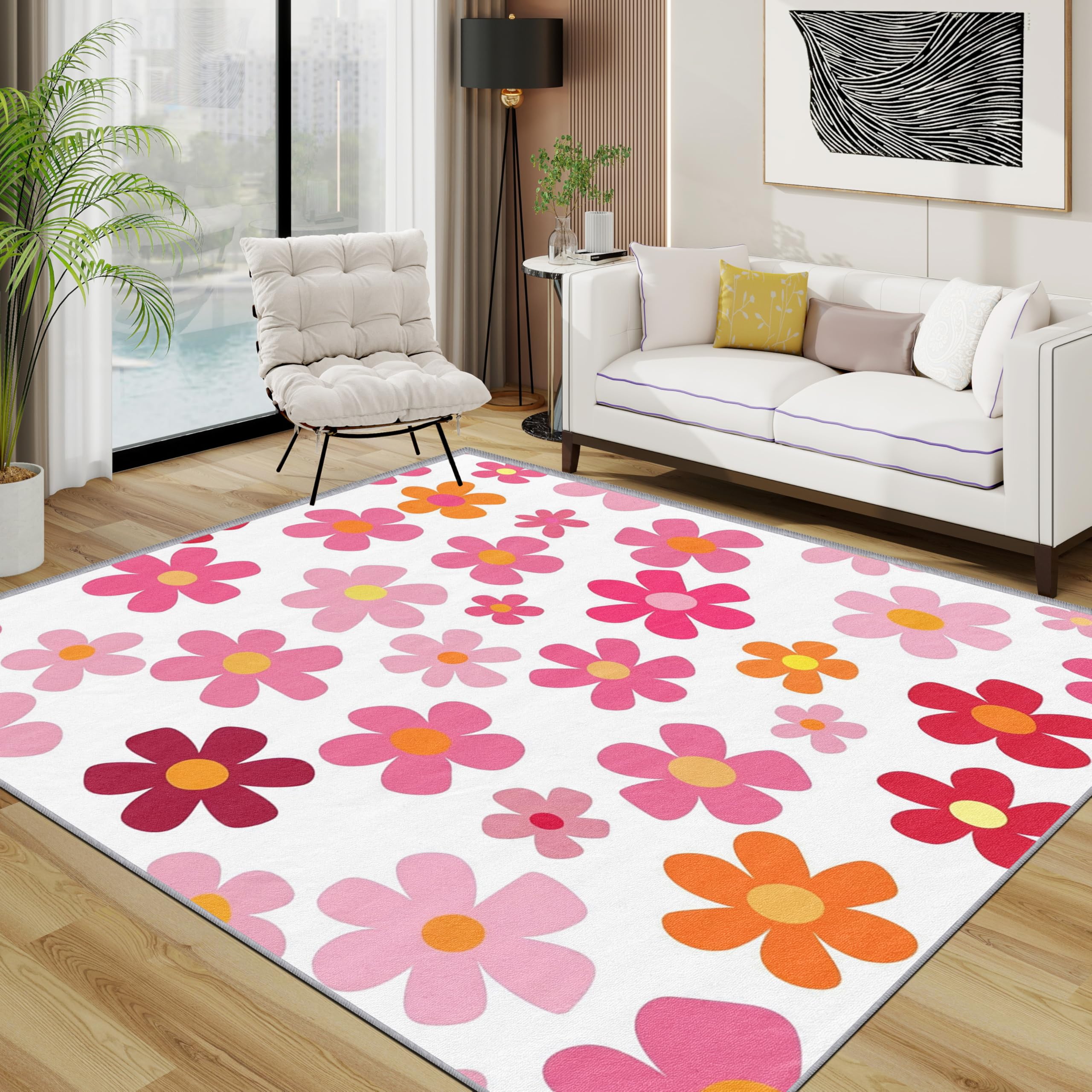 Flower Area Rugs for Living Room 120x120 - Cute Pink Floral Botanical Rug for Bedroom, Girls Kids Non Slip Washable Short Pile Carpet, Flower Room Decor