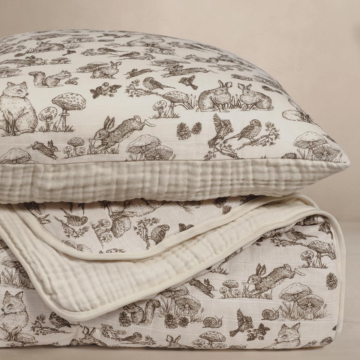 Juego de ropa de cama para cuna Woodland, edredón y funda de cuna de muselina de algodón orgánico de 5 capas, vivero de animales del bosque, pájaro zorro conejo, edredón para niños pequeños 45x60, reversible, cáscara de huevo neutra
