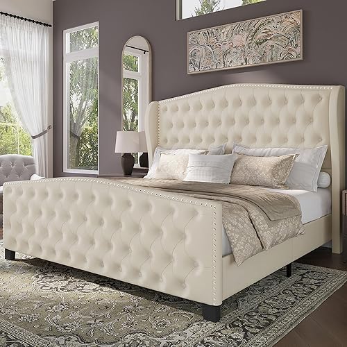 Miniatura 14 de Marco de cama tapizado tamaño Queen en terciopelo color beige con cabecera y pie de cama acolchados con botones profundos y soporte de listones de