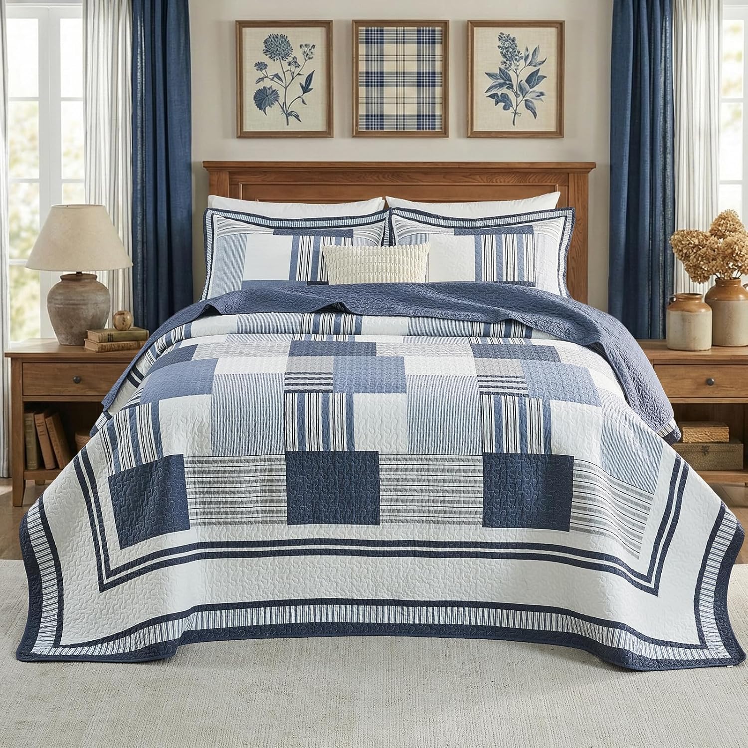 Oversized Queen Bedspread - 120" Lx102 W Extra Wide - 100% Cotton Stripe Plaid Reversible California Quilt Sets - Super Size Bed Spread Lightweight Thin Coverlet Set - Blue