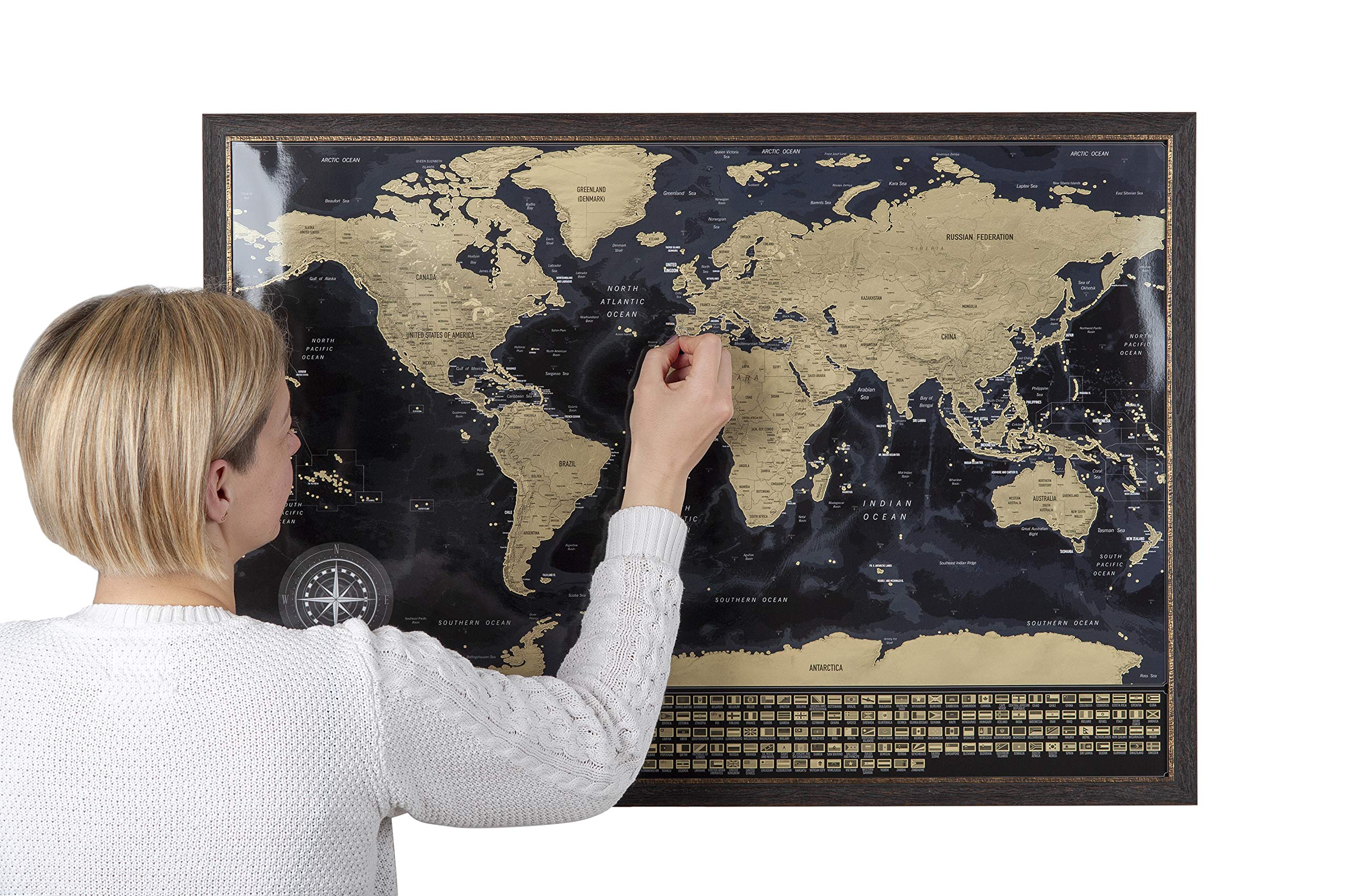 Weltkarte zum Rubbeln mit Flaggen - Rubbelkarte zum Reisen zu verfolgen - Rubbel Weltkarte mit Rahmen - Made in Europe 73cm x 53cm
