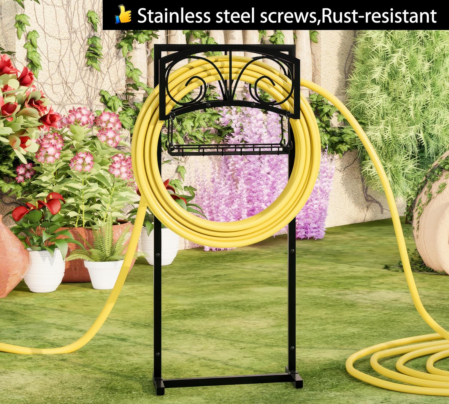 Fire Beauty Garden Hose Holder,Freestanding Water Hose Holder with Storage Basket,In ground Hose Rack Organizer for Outdoor,Detachable Hose Holder Stake,Hose Reel Stand for Outside Lawn Yard
