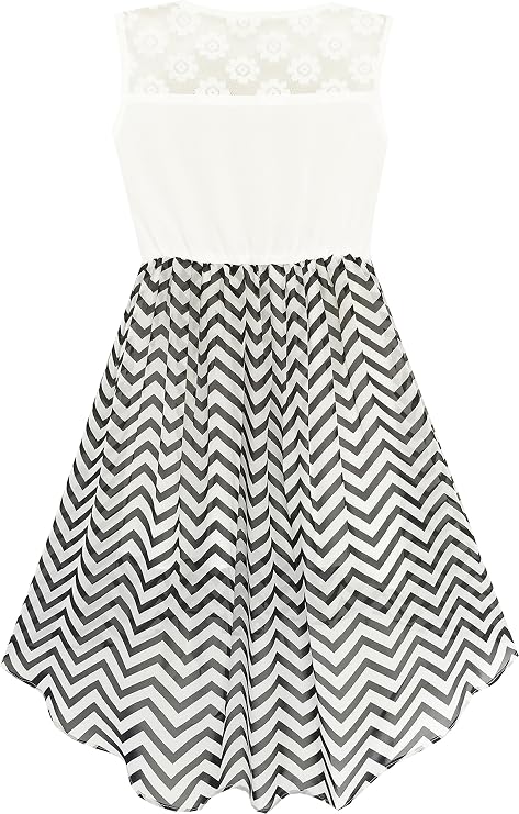 Sunny Fashion Girls Dress Lace to Chiffon Striped Black White Tied Waist Age 7-14 Years