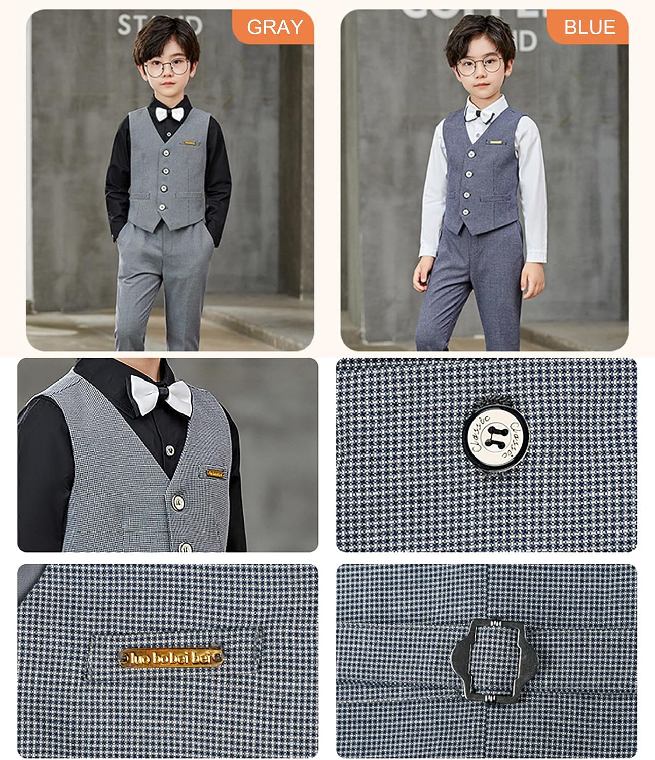 Boys Suit Vest Set 4-Piece Formal Suit Boy Long Sleeve Shirts Vest and Pants Outfits Set with Tie Bow