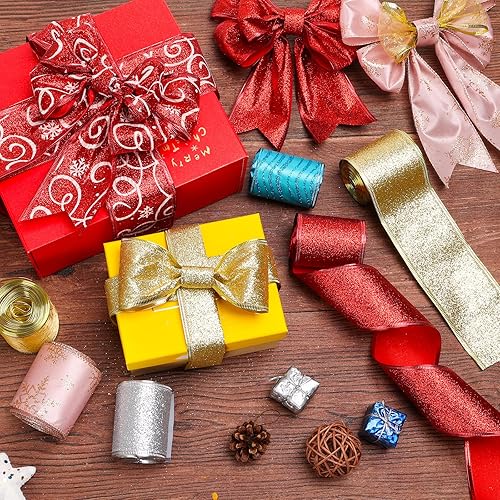 Miniatura 4 de Modacraft 8 rollos de cinta de Navidad con borde con alambre de 48 yardas, cinta con alambre de 2.4 pulgadas con purpurina de 2.4 pulgadas, cinta de