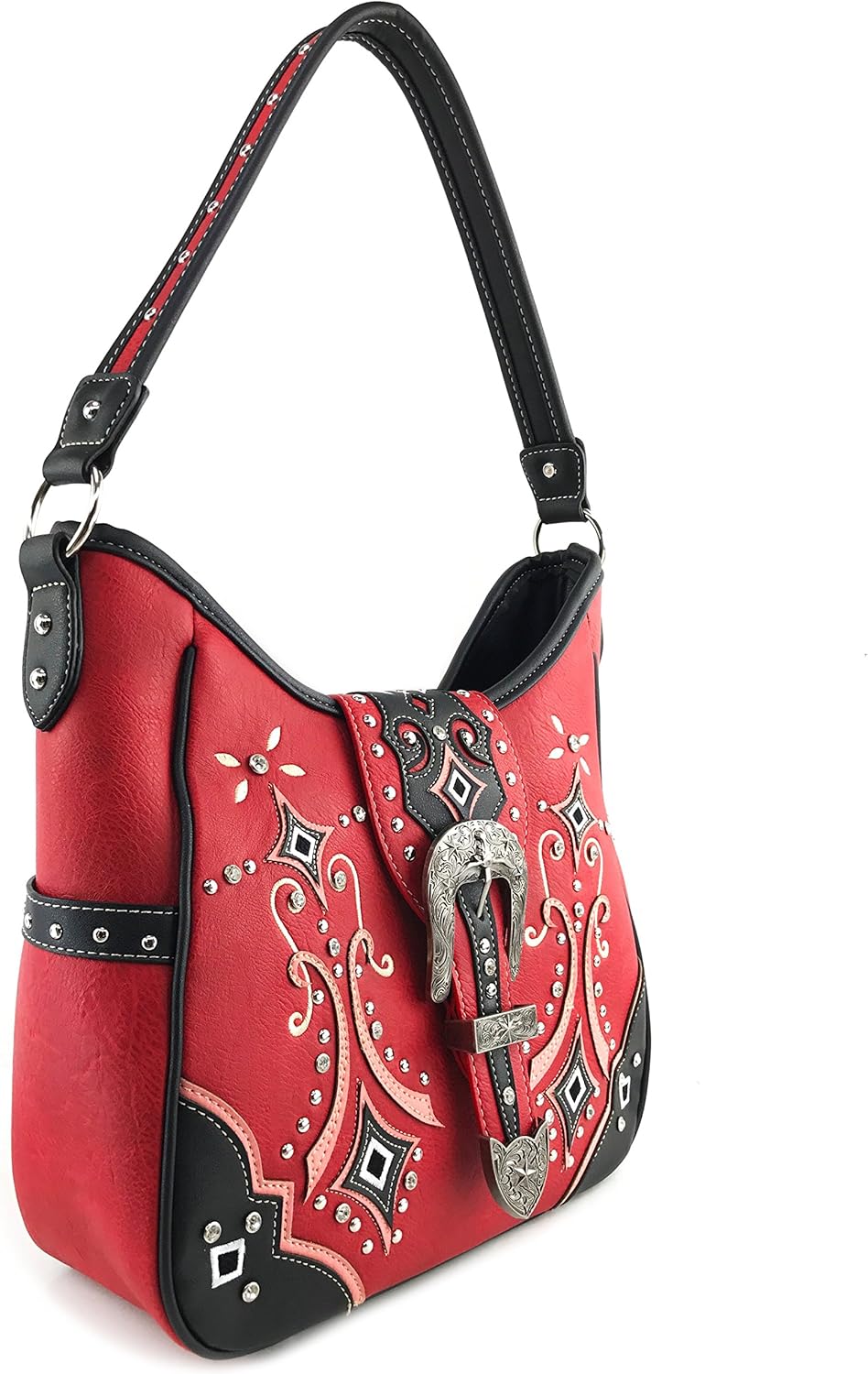 Justin West Western Floral Embroidery Studs Bling Rhinestone Buckle Shoulder Concealed Carry Handbag Purse (Red Tote)