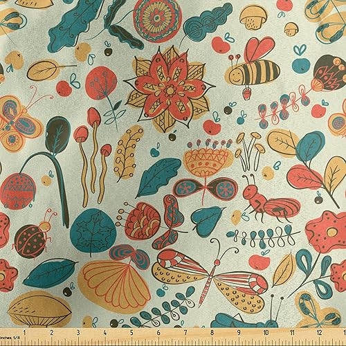 Ambesonne Vintage Mushroom Fabric by The Yard, Spring Woodland Pattern of Bees and Butterflies Cartoon Style of Art, Decorative Satin Fabric for