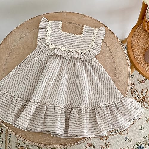 Miniatura 4 de Ashmyova Vestido casual de verano de lino para niñas pequeñas, vintage, con volantes, a rayas, para bebés