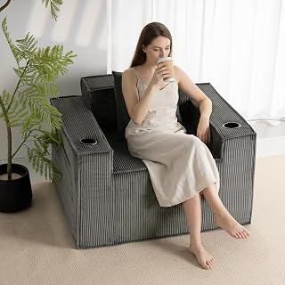 Cloud Single Sofa,Chaise Lounge Chair with Cup Holder & Side Pocket,Elevated Seat Height,No Assembly Required,Boneless Corduroy Chair for Small Space,Bedroom,Office (Grey, Single Sofa)