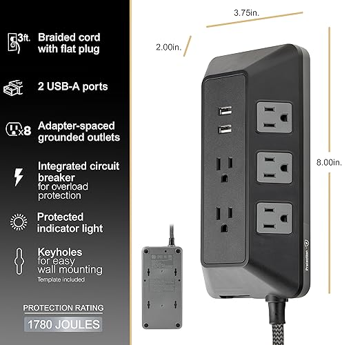 Miniatura 7 de GE UltraPro Adapt - Protector SurGE de 8 salidas con puertos USB, 2 puertos USB-A, 2.4A, cable trenzado de 3 pies, protector SurGE de 1780 julios,