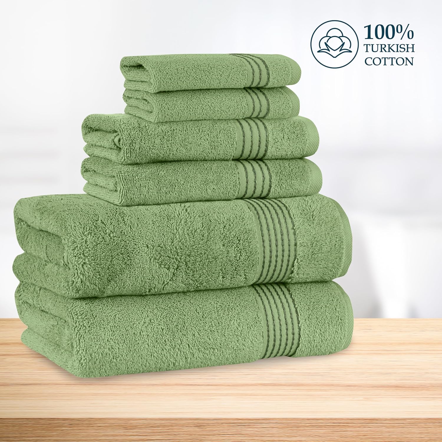 Mocassi Luxury 100% Turkish Cotton 6-Piece Towel Set - Ultra Soft, Quick Dry Highly Absorbent Premium Spa Hotel Quality Bath Towels, Includes 2 Bath Towels, 2 Hand Towels and 2 Washcloths, Sage