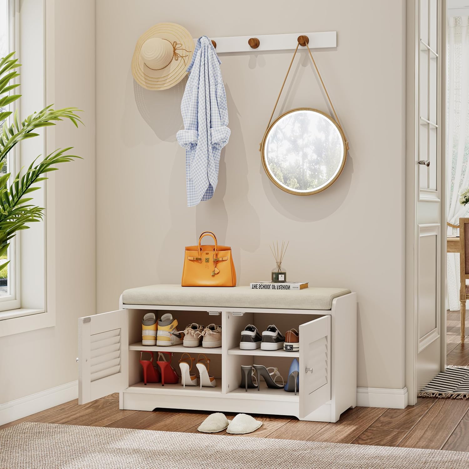 Shoe Storage Bench Cabinet with 2 Door and Cushion, 28.74" Entryway Bench with Shoe Storage Adjustable Shelves Shoe Rack Bench for Hallway Living Room Bedroom Furniture