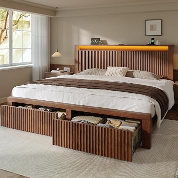 Homkdom King Bed Frame with 2 Drawers and Wooden Storage Headboard,Walnut | LED Lights,Charging Station,Noise-Free,800 lbs Steel Support,No Box Spring Needed,Easy Assembly,Couples,Families,Mid-Century