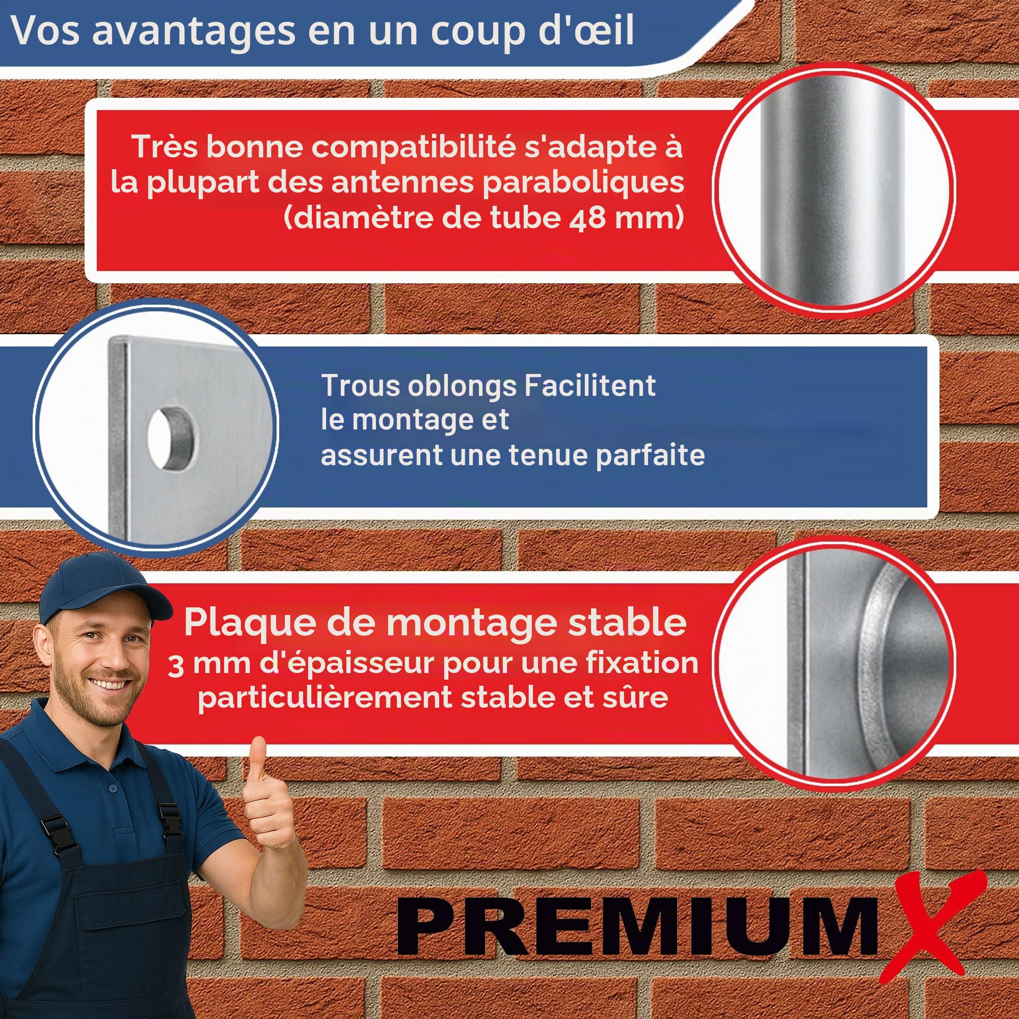 PremiumX 10-15 cm Support mural d'angle en acier galvanisé pour antenne satellite, parabole parabolique Montage mural Distance au mur 100-150 mm Ø 48 mm