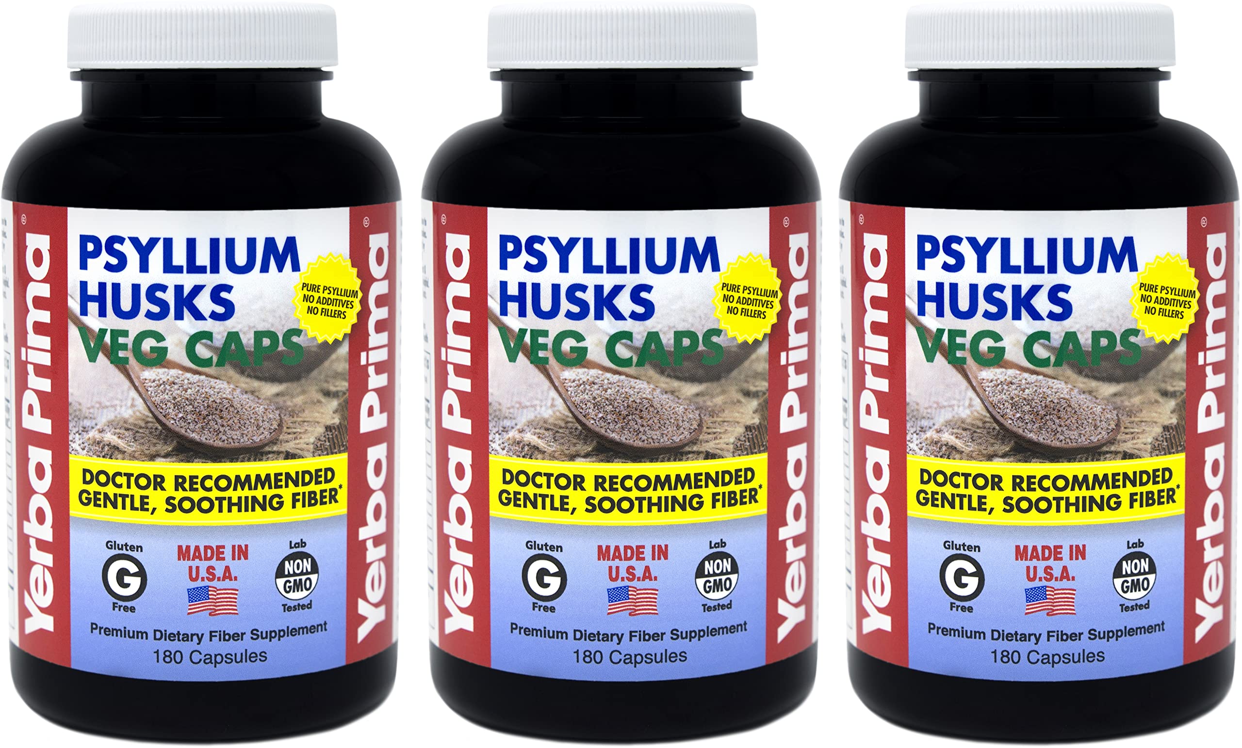 Yerba Prima Psyllium Husks Veg Caps - 180 Count (Pack of 3) - Vegan, Non-GMO, Gluten Free, Colon Cleanser, Daily Fiber Supplement for Gut Health & Regularity Husks 180 Count (Pack of 3)