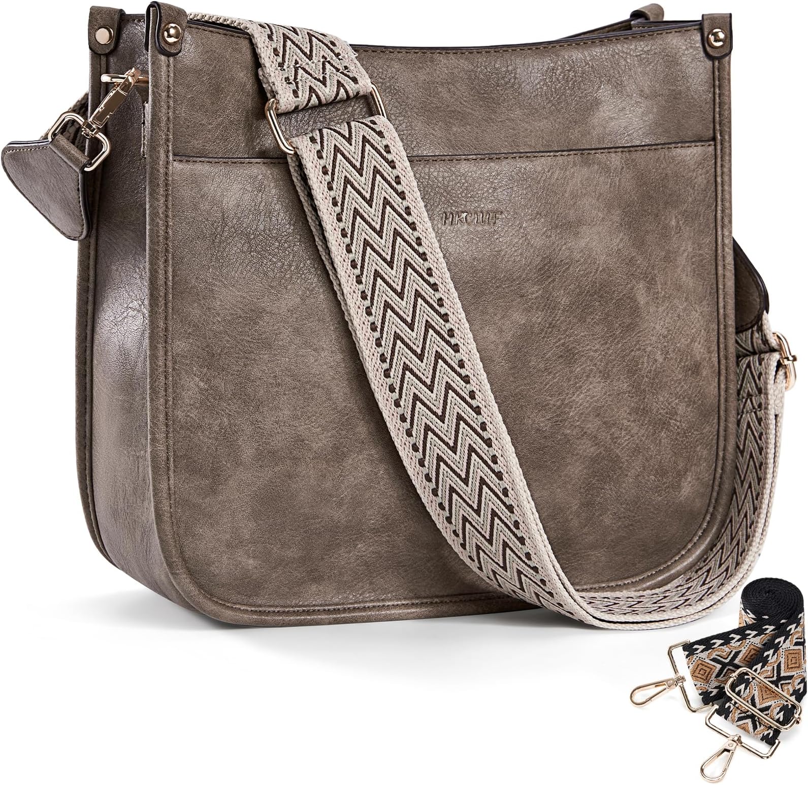 HKCLUF Crossbody Bags for Women Trendy Vegan Leather Hobo Handbags With 2PCS Adjustable Guitar Strap Shoulder Bucket Bags