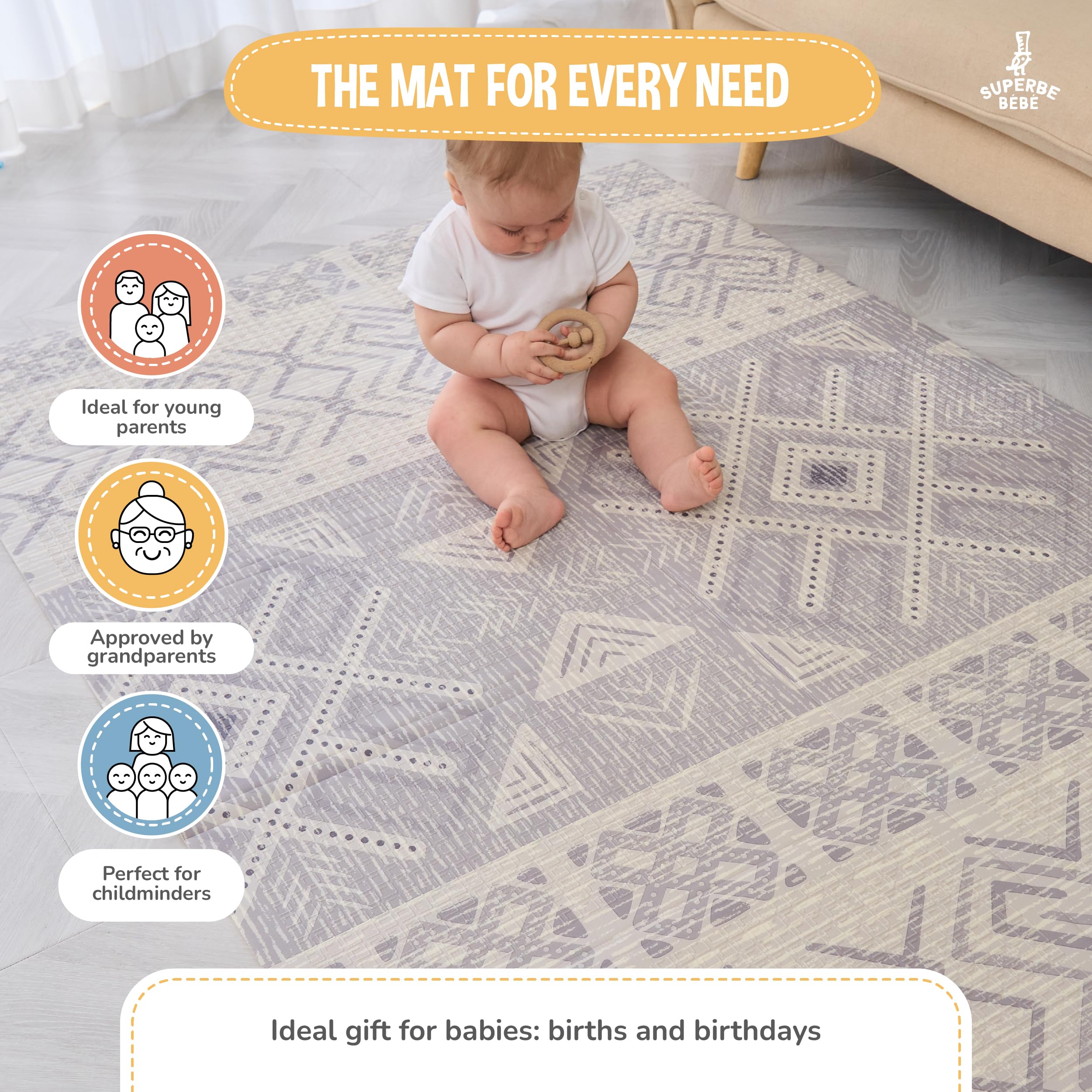 Reversible and Non-Toxic Thick Foldable Waterproof Foam Baby Play Mat 180x160x1cm. Floor Mat for Kids Toddlers Children. for Boy or Girl Child's Room. Extra Large Size SUPERBE BEBE ® — view 4