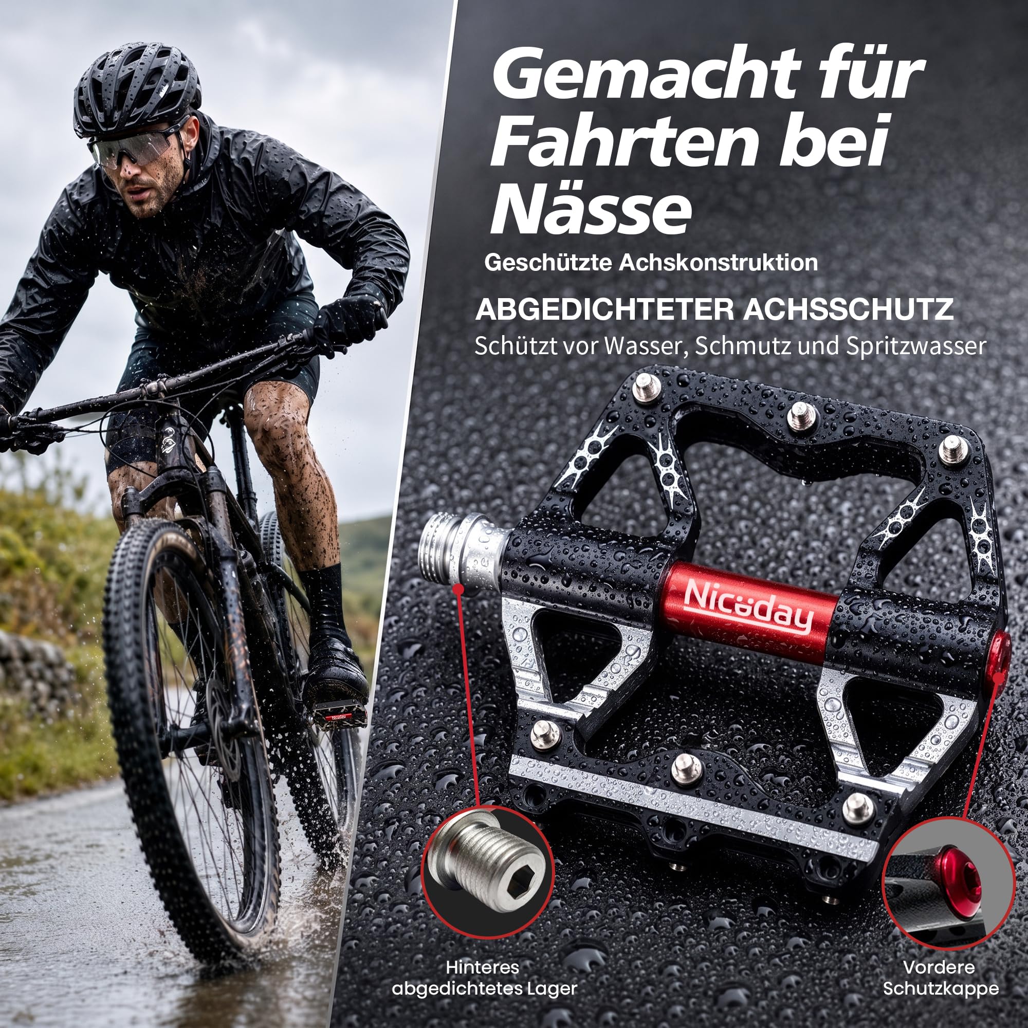 Niceday MTB Pedale Aluminium CNC, 301 g, 3 Lager, 9/16″ Gewinde, Silber