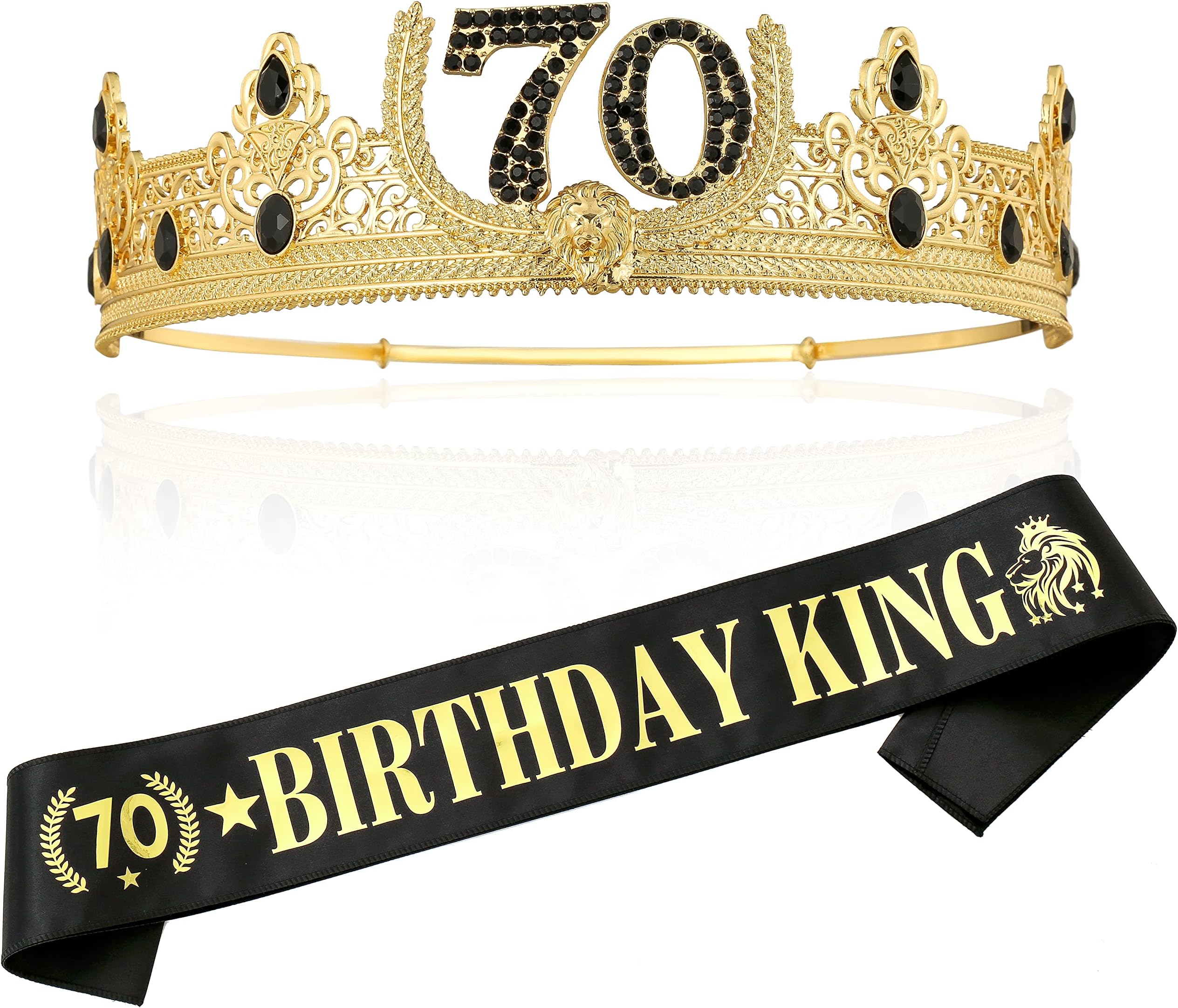 70th Birthday Crown and Sash for Men, Festive Party Decoration (Gold)