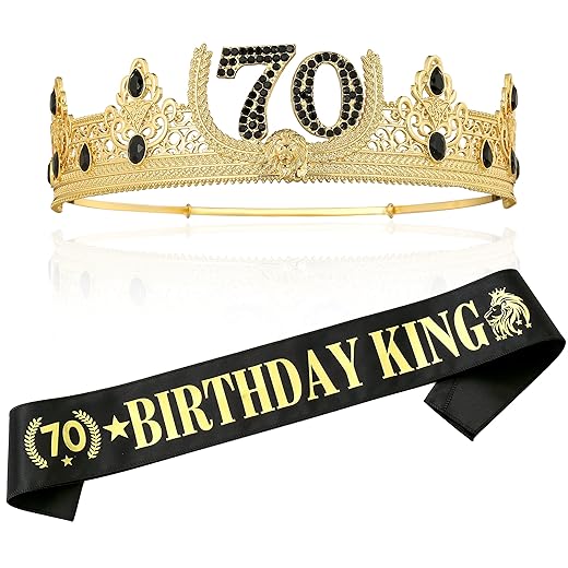 70TH Birthday King Crown and Birthday King Sash,70TH Birthday Gifts for Men. Birthday Party Decoration for Men(Gold)