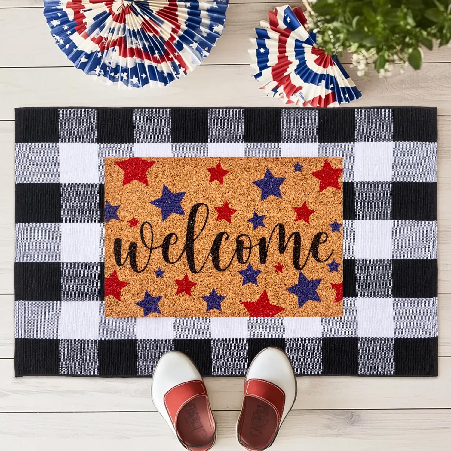 2 PCS Patriotic Door Mat Independence Day Natural Coir Welcome Doormats with Layered Buffalo Plaid National Day Front Door Rugs for Entrance Porch Outdoors Decor