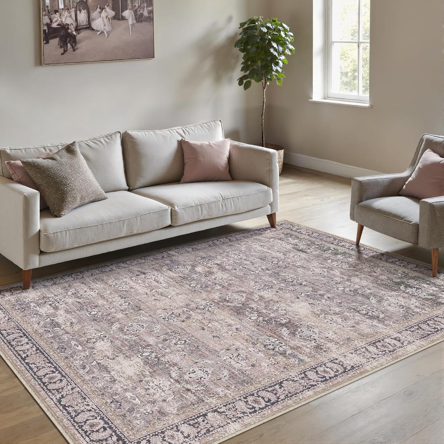 4x6 Purple Area Rug Washable Vintage Distressed Office Carpet Low Pile Entryway Non Slip Indoor Soft Retro Entrance Throw Accent Rug for Kitchen Bathroom Bedroom Dining Living Room